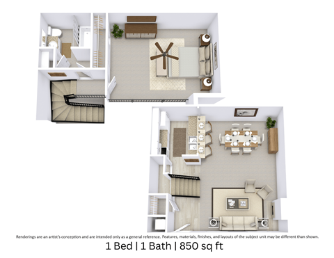 Floor plan for 1 bed, 1 bath, 850 sqft